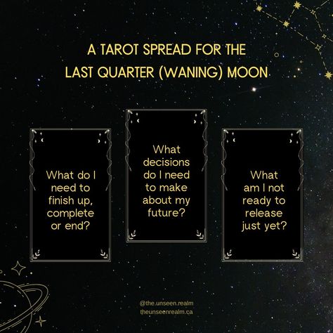 It's the last quarter moon today! 🌗 Here's a 3-card tarot spread I created for the waning moon that you can use - save this to come back to it; comment and like if you're using the spread A message for this moon phase: This is the time to reflect on the progress you have made since the new moon and make any necessary adjustments. It is a time for release, letting go, and embracing change and transformation. #lunarcycle #letgo #queerspirituality #queertarot #queertarotreadersofinstagram #ta... Last Quarter Moon Tarot Spread, New Moon Tarot Spread, New Moon Tarot, 3 Card Tarot Spread, Last Quarter Moon, Moon Today, Oracle Card Spreads, Tarot Reading Spreads, Waning Moon