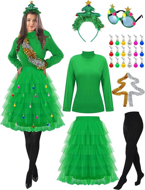 Christmas Tree Costume Diy, Dress Christmas Tree, Ugly Christmas Sweater Diy Funny, Christmas Tree Outfit, Party Dress Christmas, Christmas Tree Costume, Christmas Party Costume, Tree Costume, Christmas Dress Up