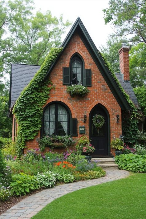 Small Brick Cottage, Light Green Academia, Brick Bungalow Exterior, Tiny Brick House, Story Book House, European Houses, Stone Pathways, Cottage Houses, Brick Cottage