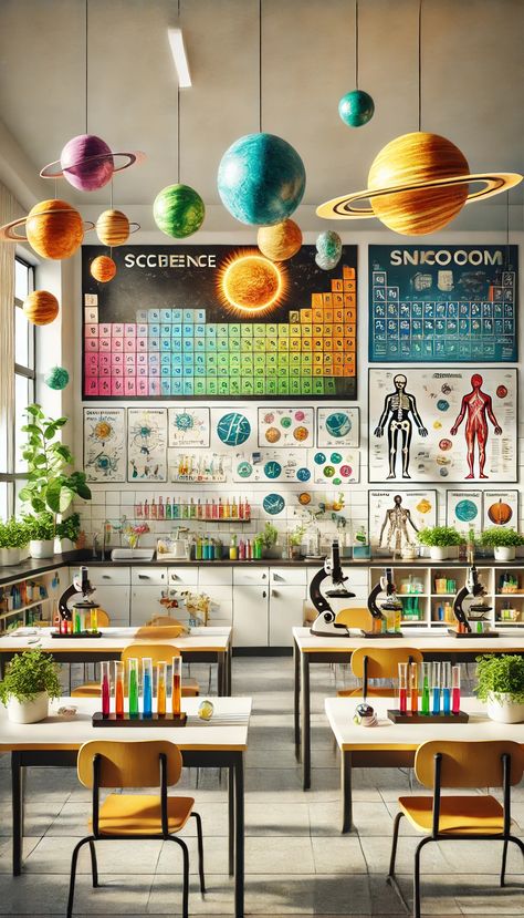 17+ Creative Science Classroom Decorating Ideas That Will Spark Curiosity! 🌌 Chemistry Teacher Classroom, Biology Decorations Ideas, Aesthetic Science Classroom, Physics Classroom Decorations, Science Room Decor Classroom Ideas, Science Classroom Decorations Highschool, Science Class Aesthetic, Science Decorations Classroom, Science Classroom Aesthetic