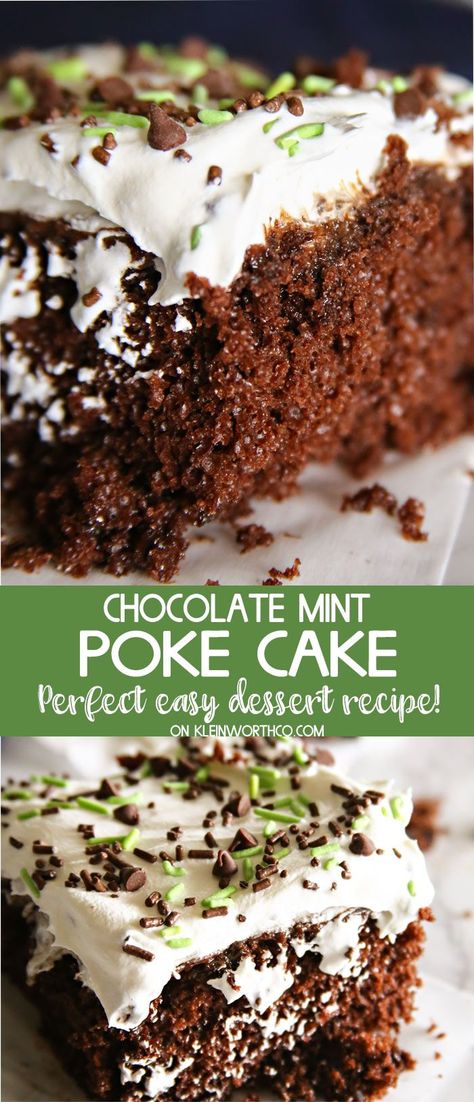 Delicious mint chocolate cake soaked with chocolate fudge & topped with minty whipped cream, mini chocolate chips & sprinkles. So good! via @KleinworthCo Mint Poke Cake, Easy Poke Cake Recipes, Easy Poke Cake, Chocolate Fudge Topping, Mint Chocolate Cake, Mint Cake, Chocolate Poke Cake, Poke Cake Recipes, Chocolate Mint