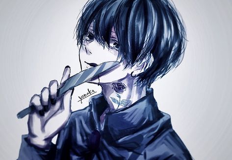 Black Haired Anime Boy, Knife Drawing, Light Blue Eyes, Black Hair Blue Eyes, Yami Kawaii, Knife Art, Male Poses, Manga Boy, Art Poses