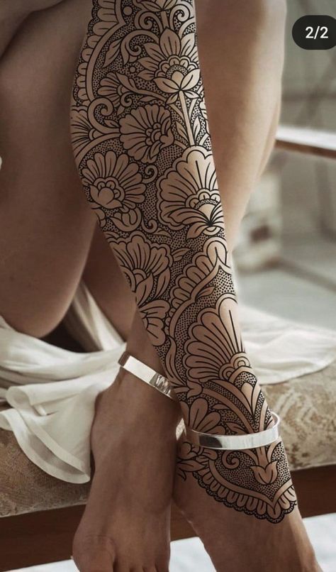 Ornamental Tattoo Leg Sleeve, Mandela Leg Tattoos Women, Big Floral Tattoo Design, Geometric Leg Sleeve Women, Ornamental Shin Tattoos For Women, Symmetrical Shin Tattoo, Shin Tattoos For Women Mandala, Tattoo Calf Woman, Sacrum Tattoo