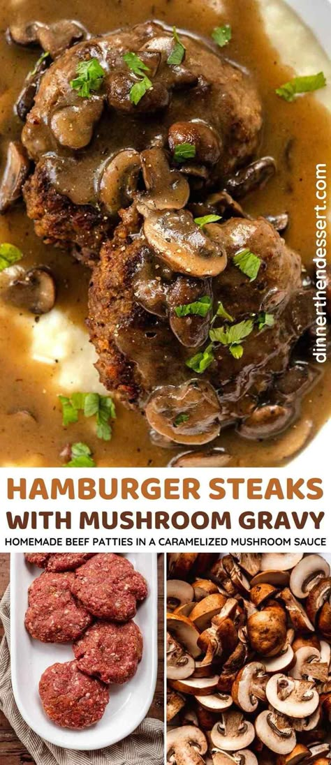 Hamburger Steaks with Mushroom Gravy are delicious and comforting, with beef patties simmered to perfection in a caramelized mushroom sauce. Sauce For Hamburger Patties, Hamburger Steaks With Mushroom Gravy, Hamburger Steak With Mushroom Gravy, Beef And Mushroom Recipe, Steak With Mushroom Gravy, Hamburger Steak Recipes, Hamburger Gravy, Hamburger Steak And Gravy, Hamburger Steaks