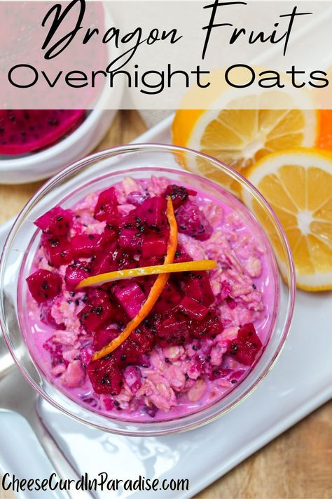 Dragon Fruit and Citrus Overnight Oats are an easy prep breakfast. Red dragon fruit gives the oats a beautiful color. A pop of citrus from fresh zest and sweetness from honey completes a great start to the day. #SpringSweetsWeek #GragonFruit #OvernightOats #MelissasProduce Dragon Fruit Overnight Oats, Dragon Fruit Recipes, Dragonfruit Recipes, Red Dragon Fruit, Breakfast Oats Overnight, Fig Bars, Spring Recipes Dessert, Spring Brunch, Easter Eggs Chocolate