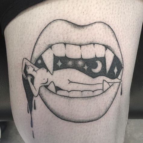 RACHEL PATON Outcast Tattoo, Vampire Mouth, Mouth Tattoo, Vampire Tattoo, Tooth Tattoo, Beginner Tattoos, Spooky Tattoos, Lip Tattoos, Halloween Tattoos