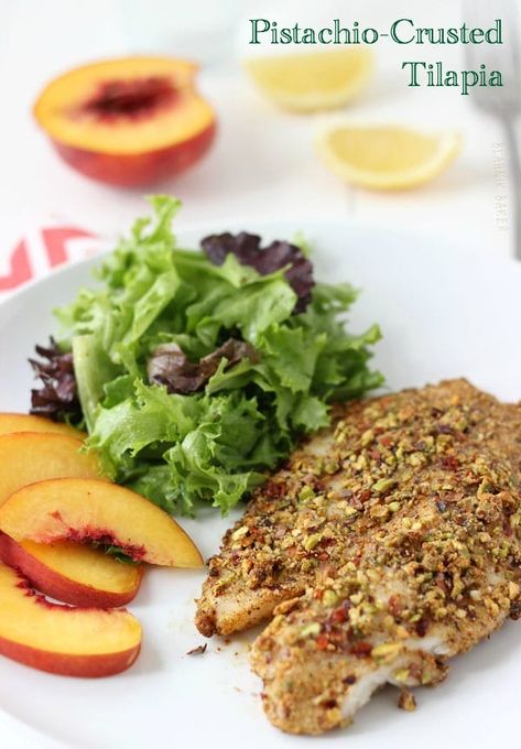 Easy Pistachio Crusted Tilapia and Peach Summer Salad Pistachio Salad, Crusted Tilapia, Peach Salad, Summer Salad, Fish Dishes, Summer Salads, Fish Recipes, Pistachio, Seafood Recipes