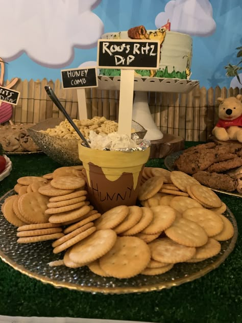 Winnie The Pooh Party Foods, Winnie Pooh Themed Food, Winnie The Pooh Birthday Party Food Ideas, Pooh Bear Party Food, Pooh 2nd Birthday Party, Food For Winnie The Pooh Party, Winnie The Pooh Party Snacks, Winnie The Pooh Gender Reveal Party, Winnie The Pooh Gender Reveal Decorations