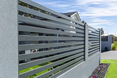 Aluminium Slat Fencing | Aluminium Slat Gates | R&R Fencing Perth Aluminum Fence Landscaping, Gravel Driveway Landscaping, Slat Fencing, Backyard Porch Ideas, Slat Fence, Lake House Landscaping, Backyard Fence Ideas, Horizontal Slat Fence, Glass Pool Fencing