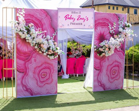 This is a welcome entrance to a child dedication in nigeria Paris Baby Shower Theme, Tiktok Party, Event Venue Design, Venue Design, Simple Stage Decorations, Stage Ideas, Party Entrance, Backdrop Decor, Mothers Day Decor