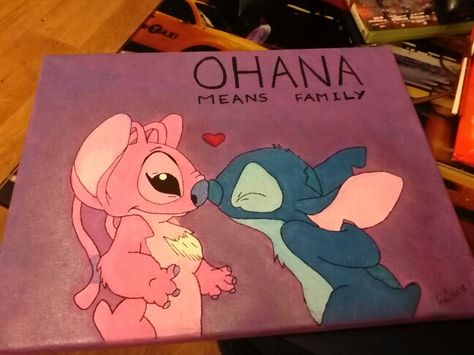 Stitch And Angel Canvas Painting, Stitch And Angel Painting, Ohana Painting, Valentines Day Paintings On Canvas Easy, Valentines Day Drawings Art Ideas, Lilo And Stitch Painting, Stitch Canvas Painting, Family Painting Ideas Diy Canvas, Family Painting Ideas