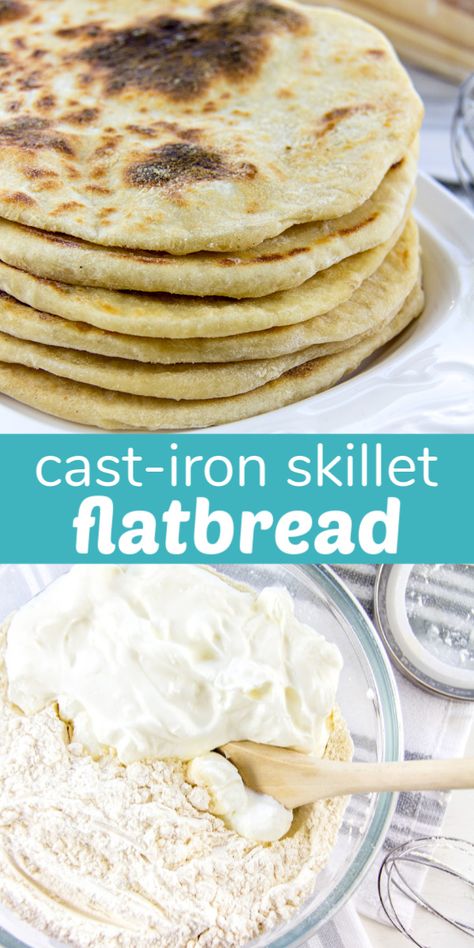 Simple Skillet Flatbread Recipe - only 4 ingredients! | Make and Takes How To Make Flat Bread, Stovetop Flatbread, Italian Flat Bread Recipe, Skillet Flatbread, Flatbread Pizza Recipes, Homemade Sour Cream, Easy Flatbread, Homemade Flatbread, Flatbread Recipe