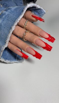 White And Red Bottom Nails, Classic French Tip Nails With Design, 21s Birthday Nails, Dope Nail Designs French Tip, Black And Red Nail Designs Acrylics, Box Acrylic Nails, 3d Red Nails, Acrylic Nails 2024, Red Nail Sets