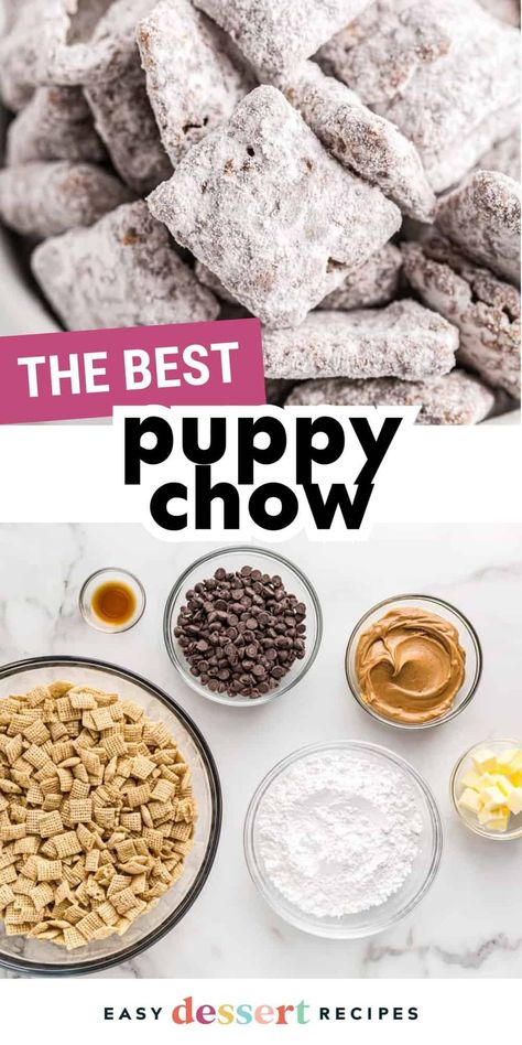 This sweet puppy chow snack mix (also called muddy buddies) is a delicious combo of chocolate, peanut butter, Chex, and powdered sugar. Puppy Chow Rice Chex Mix Recipe, The Best Puppy Chow Recipe, Gf Puppy Chow, How Do You Make Puppy Chow, Cheerios Puppy Chow, Classic Puppy Chow, Kitty Chow Recipe, Puppy Chow With M&ms, Smores Puppy Chow