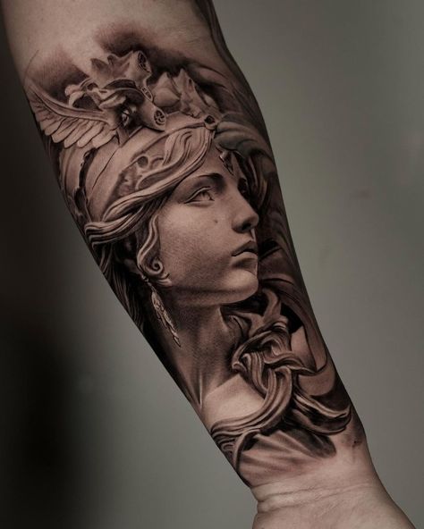 Best Realism Tattoo, Realism Tattoo Ideas, Athena Tattoo, Lower Arm Tattoos, Realism Tattoos, Simple Tattoos For Guys, Army Tattoos, Statue Tattoo, Greek Mythology Tattoos