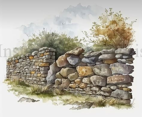 Stone Wall Painting, Stone Watercolor, Drawing Rocks, Rocky Landscape, Highland Cows, Model Train Scenery, Rustic Stone, Wall Drawing, Rock Face