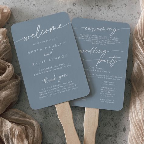 This boho chic dusty blue wedding program hand fan is perfect for a minimalist wedding ceremony. The neutral light blue gray modern bohemian design features simple rustic calligraphy with a unique yet classic style.  Personalize your wedding program with you names, wedding date, location, thank you message, order of service, and wedding party. Steel Blue And Navy Wedding, Rustic Blue Wedding Theme, Wedding Styles Themes Modern, Country Wedding Blue, Champagne And Dusty Blue Wedding, Classy Blue Wedding, Blue And Tan Wedding Colors, Something Blue Wedding Theme, Dusty Blue And Dusty Rose Wedding