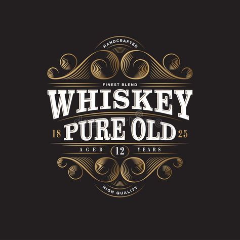 Whiskey Logo. Whiskey Pure Old Label. Premium Packaging Design. Lettering Composition and Curlicues Decorative Elements. vector illustration Premium Packaging Design, Whiskey Bottle Labels, Halloween Fonts Alphabet, Whiskey Logo, Whiskey Packaging, Lettering Composition, 90s Graphic Design, Bottle Logo, Fonts Cricut