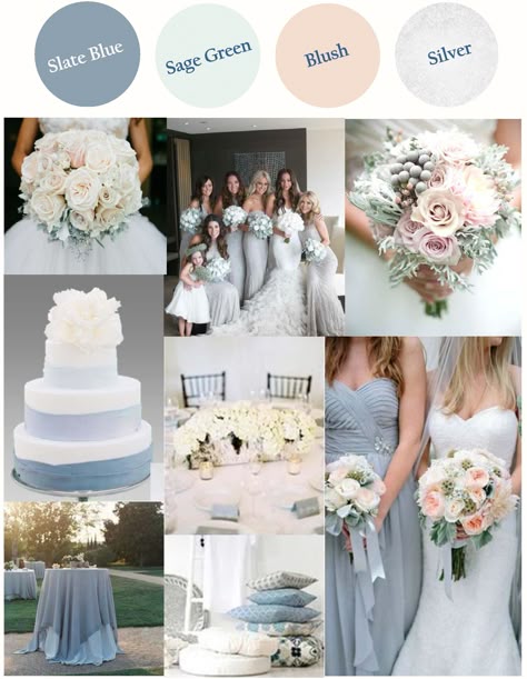 Slate Blue (or Dusty Blue) with Light Sage Green Blush and Silver with a warm white as the base. Winter Wedding Trends, French Blue Wedding, Wedding Color Trends, Dusty Blue Weddings, Wedding Theme Colors, Theme Color, Wedding Color Palette, Gray Weddings, Winter Wedding Dress