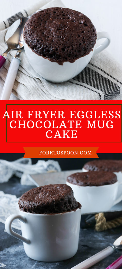 Chocolate mug cake eggless made in an airfryer #airfryer #desserts #dessertrecipes #easychocolaterecipes Airfryer Mug Cake Recipes, Mug Cake In Air Fryer, Airfry Dessert, Mug Cake Airfryer, Airfryer Desserts, Cake In Air Fryer, Mug Cake Eggless, Chocolate Chip Mug Cake, Chip Mug