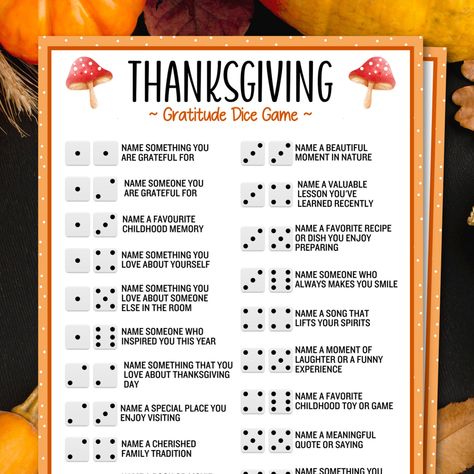 Celebrate gratitude this Thanksgiving with our Thanksgiving Gratitude Dice Game! 🦃🎲 Crafted for Thanksgiving gatherings, family dinners, or friendly get-togethers, this game sparks meaningful conversations. Roll the dice, share what you're thankful for based on the prompts, and nurture a spirit of gratitude. It's a heartwarming way to connect and create cherished memories. Let the gratitude roll! Our digital download includes 1 PDF file: - Game in US Letter Size - Full Page - but can be printe Thanksgiving Gratitude Game, Turkey Olympics, Gratitude Night, Gratitude Dice Game, Thankgiving Party, Thanksgiving Activities For Adults, Thanksgiving Gratitude Activities, Thanksgiving Ice Breakers, Printable Thanksgiving Games