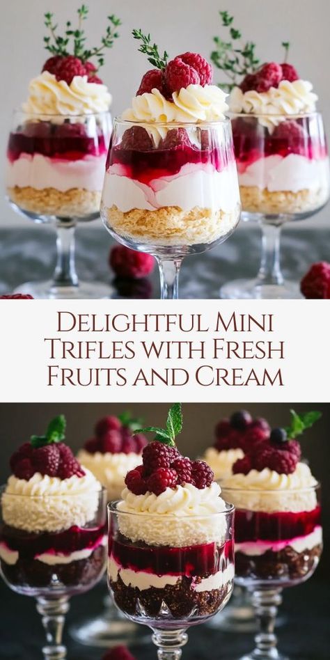 These Delightful Mini Trifles are layered with fresh fruits, creamy custard, and soft sponge—an elegant and refreshing dessert perfect for any occasion!  Ingredients:  1 pack of sponge fingers or ladyfingers 1 cup of mixed fresh berries (strawberries, raspberries, blueberries) 2 cups of custard 1 cup of whipped cream 1/4 cup of jelly (prepared and set) 2 tablespoons of berry jam 1/4 cup of shredded coconut (optional) 1 tablespoon of chopped pistachios (optional) Fresh mint leaves for garnish Mini Trifle Recipes, Triffle Desserts Cups, Mini Trifle Desserts, Trifle Cups, Mini Trifles, Christmas Trifle Recipes, Berries Cake, Trifle Bowl Recipes, Mini Trifle