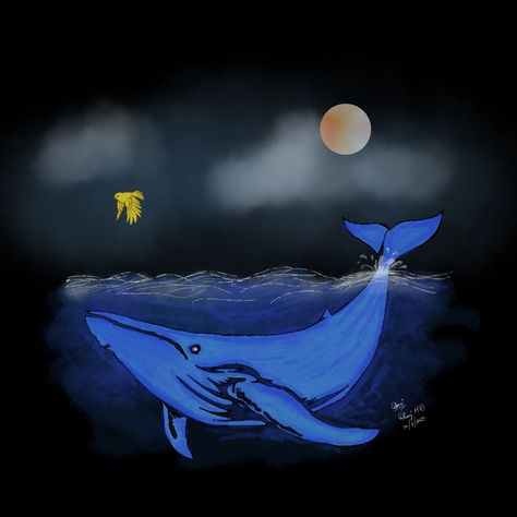 Whale and bird Sparrow Drawing, Whale Drawing, Whale Painting, Story Drawing, Hand Lettering Quotes, Night Painting, Blue Whale, Lettering Quotes, Killer Whales