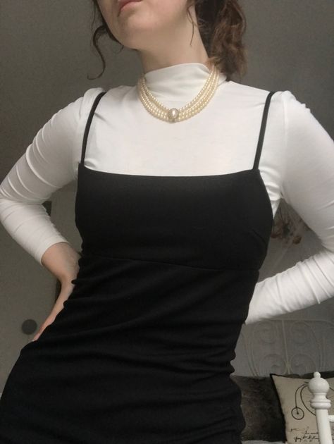 Dresses With Turtle Neck Underneath, Tight Black Dress, Black Turtle Neck, 90s Fits, White Cami, White Turtleneck, Black Satin Dress, Grad Dresses, Turtle Neck Dress