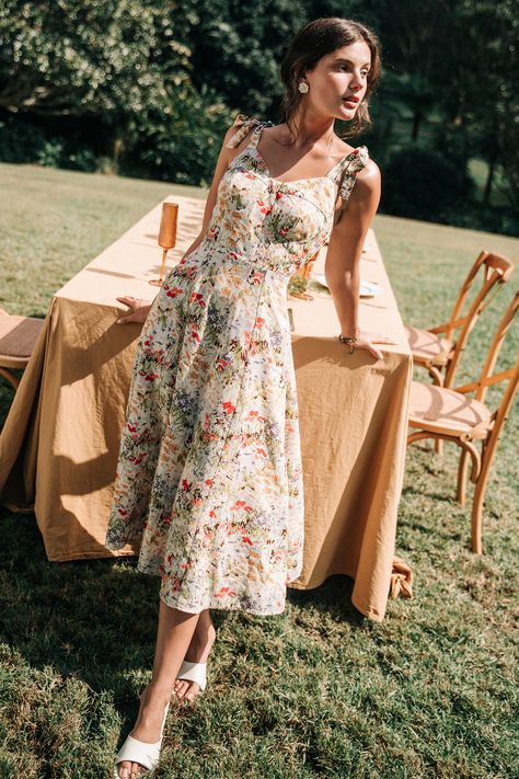 Impressionist Floral Sweetheart Tie Shoulder Midi Dress Float Floral Dress, Bra Friendly Wedding Guest Dress, Floral Midi Dress Outfit, Floral Wedding Guest Dress, Dinner Spring, Mountain Chic, Garden Party Outfit, Art Nouveau Weddings, Friends Jewelry