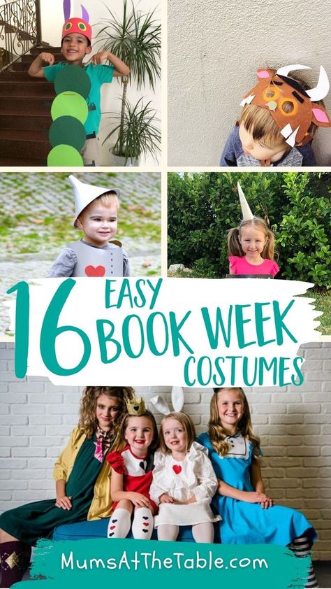 5 different photos of children dressed up. The Hungry Caterpillar. The Gruffalo. The Tin Man. Thelma the Unicorn. Alice in Wonderland characters. Costumes To Make At Home, Girl Book Characters, Easy Book Character Costumes, Book Week Costume Ideas, Easy Book Week Costumes, Kids Book Character Costumes, Book Week Costumes, Storybook Character Costumes, Book Characters Dress Up