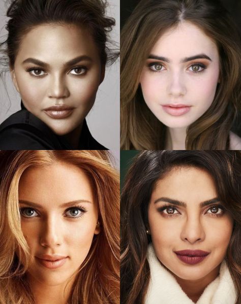 headshots of chrissy teigen, lily collins, scarlett johansson, and priyanka chopra jonas, all romanitic dramatic gamine style type Whats My Face Shape, Nose Shapes, Similarities And Differences, Character Sketches, Hairstyles For Round Faces, Lily Collins, Makeup Essentials, Face Shape, Round Face