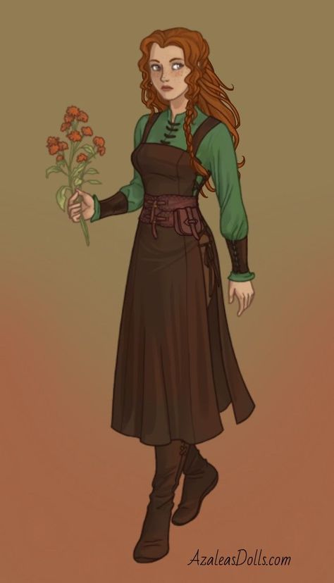 Fantasy Gardener Outfit, Fantasy Servant Outfit, Hobbit Character Design, Herbalist Character Design, Herbalist Outfit, Medieval Herbalist, Medival Characters, Medieval Clothing Drawing, Peasant Character Design