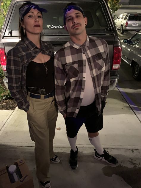 Cholo and chola costume Mexican gangsters chola style cholo style Mexican Gangster Style, Cholo Style Men Gangsters, Cholo Style Men, Gangsta Costume, Chicano Woman, Chola Costume, Mexican Gangster, Mexican Halloween Costume, Gangster Halloween Costumes