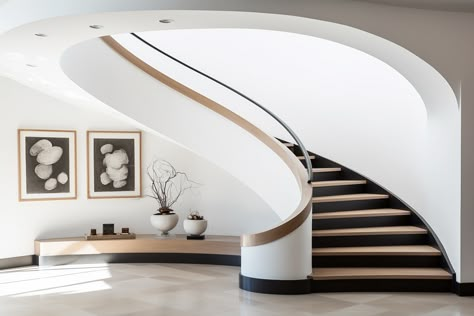 curved staircase modern Modern French Staircase, Modern Curved Staircase Design, Under Curved Stairs Ideas, Round Staircase Railing Design, Grand Staircase Modern, Curved Staircase Foyer Entryway, Spiral Staircase Lighting, Curved Staircase Ideas, Circle Stairs