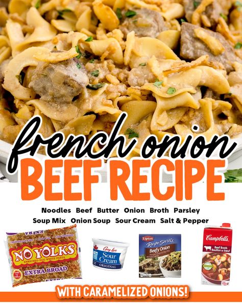 French Onion Soup Beef Tips, French Onion Stroganoff, French Onion Noodles And Beef, Beef Tips With French Onion Soup, French Onion Beef Noodle Soup, French Onion Beef Stroganoff, Beef Onion Soup Mix Recipes, Beef Stroganoff Lipton Onion Soup, French Onion Beef And Noodles Crockpot