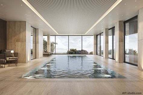 Art of relaxation. :: Behance Pool Ceiling Design, Houses In Poland, Ibiza Villa, Outdoor Pool Area, Retail Store Interior Design, Indoor Swimming Pool, Wellness Centre, Concrete Houses, Spa Decor