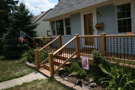 Front Of House Deck Ideas, Uncovered Front Deck, Front Porch Uncovered, No Roof Front Porch Ideas, Small Front Porch Renovation Ideas, Uncovered Front Patio Ideas, Uncovered Front Patio, Front Porch Without Roof, Front Deck Ideas Entrance