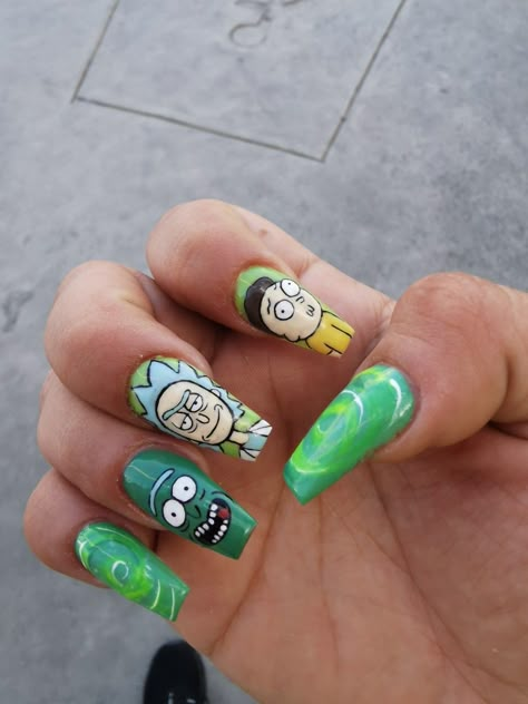 Rick And Morty Acrylic Nails, Rick Morty Nails, Pickle Rick Nails, Rick And Morty Nail Designs, Rick And Morty Nails, Oval Nails Designs, Diy Step, Nail Business, Diy Step By Step