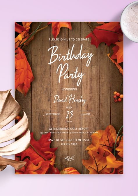 Birthday invitation template for men's birthday party comes in rustic fall-inspired design with lovely typography and wooden fence in the background. Customize online and save printable PDF or order prints. Unique Birthday Invitations, Baby's 1st Birthday, 1st Birthday Invitation Template, Invitation Card Birthday, Custom Birthday Invitations, Girl Birthday Party Invitations, 40th Birthday Invitations, Photo Birthday Invitations, Birthday Invites