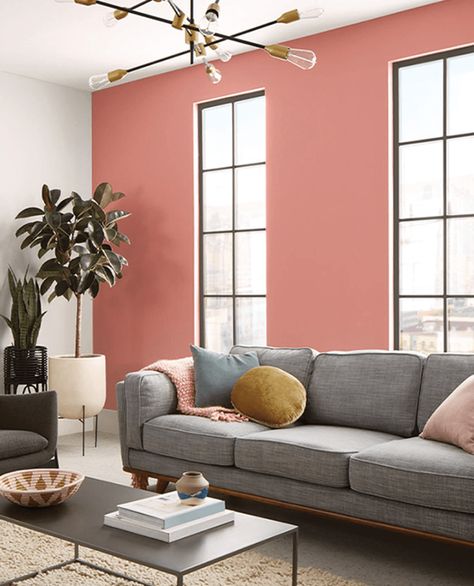 Coral Clay SW 9005 | Red Paint Colors | Sherwin-Williams Coral Paint Colors, Coral Living Rooms, Coral Clay, Pink Accent Walls, Red Paint Colors, Murs Roses, Color Of The Month, Living Room Wall Color, Coral Walls