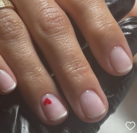 Short Natural Nails Gel Polish, Pink Heart Gel Nails, Basic Valentines Day Nails Short, Updated French Manicure, French Manicure With Hearts, Short Gel Nail Designs Natural Simple, Nail Polish Inspo Short Nails, Small Heart Nails, French Tip With Heart Design