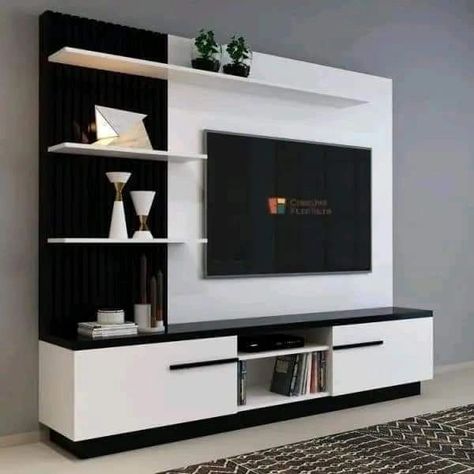 T.v Unit Design, Wall Designs Ideas, Tv Unit Design Modern Living Luxury, Latest Tv Unit Designs, Particle Board Furniture, Black Tv Unit, Tv Cabinet Design Modern, Arch Designs For Hall, Built In Wall Units