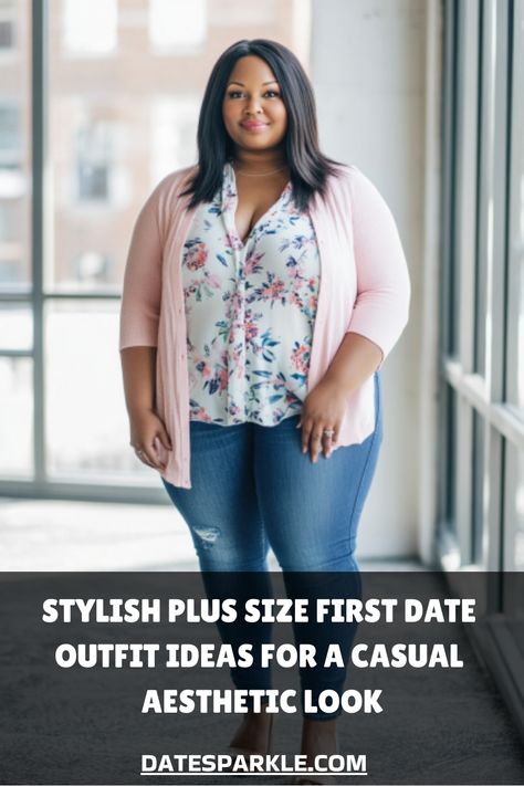 Woman in a floral blouse and pink cardigan standing in a bright room, promoting plus-size first date outfit ideas. Classy Casual Plus Size Outfits, Plus Size First Date Outfit, Casual First Date Outfit, First Date Outfit Ideas, First Date Outfit, Casual Plus Size Outfits, Outfit Suggestions, Date Outfit Ideas, First Date Outfits