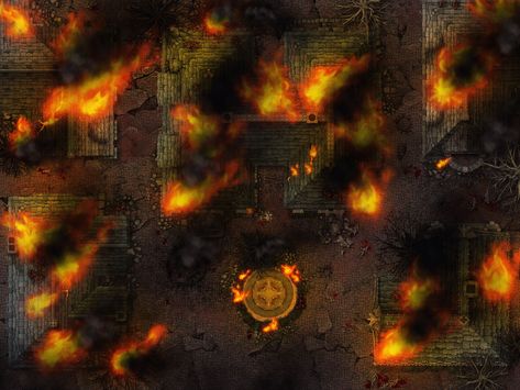 Dnd Burning Village, City On Fire, Burning Town, Dnd Town Map, Burning Village, Ruined City Battlemap, Burning City Battlemap, Destroyed City Battlemap, Burning Village Battlemap