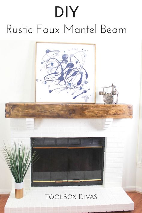 DIY Faux wood beam fireplace mantel. floating shelves style mantel. This farmhouse style decor is an aged vintage reclaimed look.  Easy step by step tutorial and video. @Toolboxdivas #Farmhouse #Farmhousestyle #Home decor Living room family room via @Toolboxdivas Farmhouse Style Fireplace, Beam Fireplace, Diy Mantel, Style Fireplace, Floating Shelves Bathroom, Faux Wood Beams, Faux Beams, Diy Fireplace, Estantes Flotantes