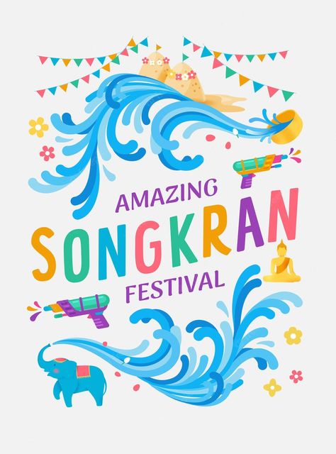 Songkran Festival Poster, Songkran Festival Thailand, Water Splash Vector, Songkran Thailand, Festival Poster Design, Thailand Festivals, Splash Vector, Songkran Festival, Festival Logo