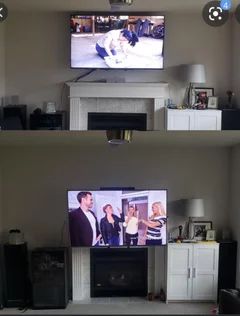 TV over fireplace too high! Large Tv Over Fireplace Stand, 65 Inch Tv Living Room Mounted Above Fireplace, Large Tv Over Fireplace, Tv Mounted Over Fireplace, Corner Mounted Tv, Tv Mount Over Fireplace, 75” Tv Above Fireplace, Tv Wall Mount With Fire Place, 65 In Tv Firplace Mount