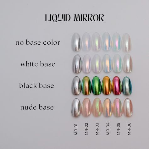 Liquid Mirror colors over a nude, black, and white base.  Since there is no powder, desk clean-up time is eliminated. The Liquid Mirror’s technology allows the particles to evaporate on the nail, leaving behind a chrome finish when rubbed in. Liquid Mirror, Chrome Nail Colors, Chrome Nail Art, Chrome Nails Designs, Chrome Nail Powder, Chrome Effect, Mirror Nails, Mirror Color, Chrome Powder