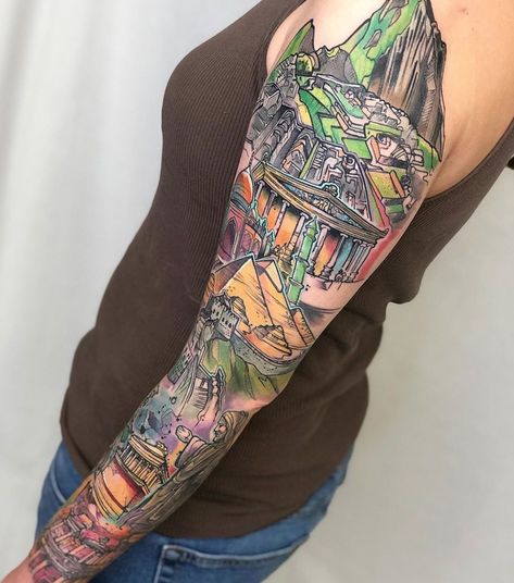 History Sleeve Tattoo, 7 Wonders Tattoo, 7 Wonders Of The World Tattoo, Story Sleeve Tattoo, World Tattoo Sleeve, Wonders Of The World Tattoo, Norman Duenas, The World Tattoo, 7 World Wonders