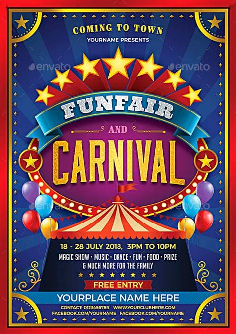 Funfair & Carnival Flyer Funfair Flyer Design, Carnival Theme Poster, Carnival Banner Design, Carnival Pubmat, Carnival Poster Design Graphics, Carnival Flyer Design, Carnival Graphic Design, Carnival Poster Design, Carnaval Design